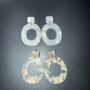 White Marble and Beige Tortoiseshell Oval Drop Earrings